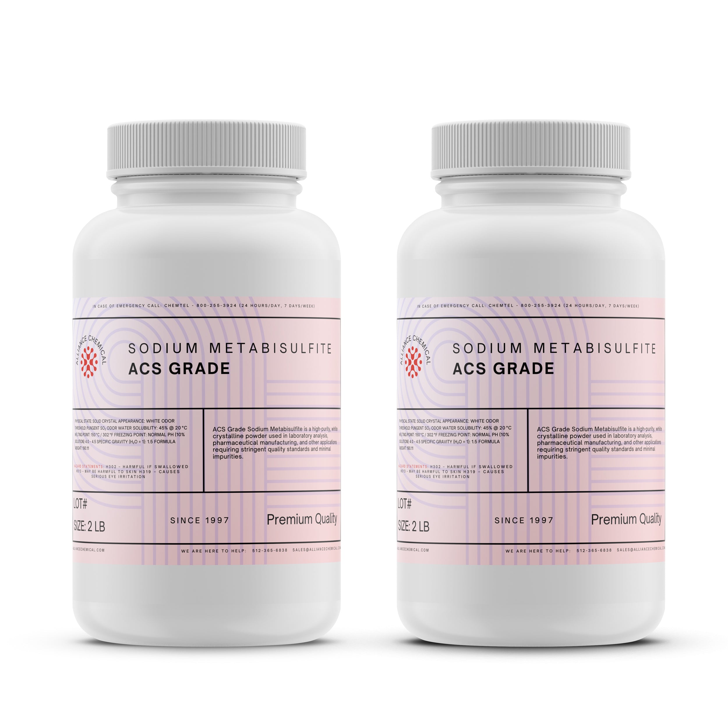 Alliance Chemical sodium metabisulfite ACS grade in white 2-pound plastic container with screw cap